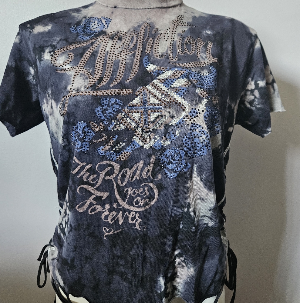 Affliction Gray Graphic Tee with Rhinestones